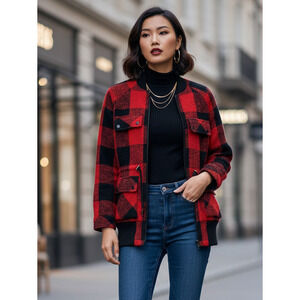 Guess Womens Red Black Buffalo Plaid Full-Zip Flap Pocket Bomber Jacket Size M